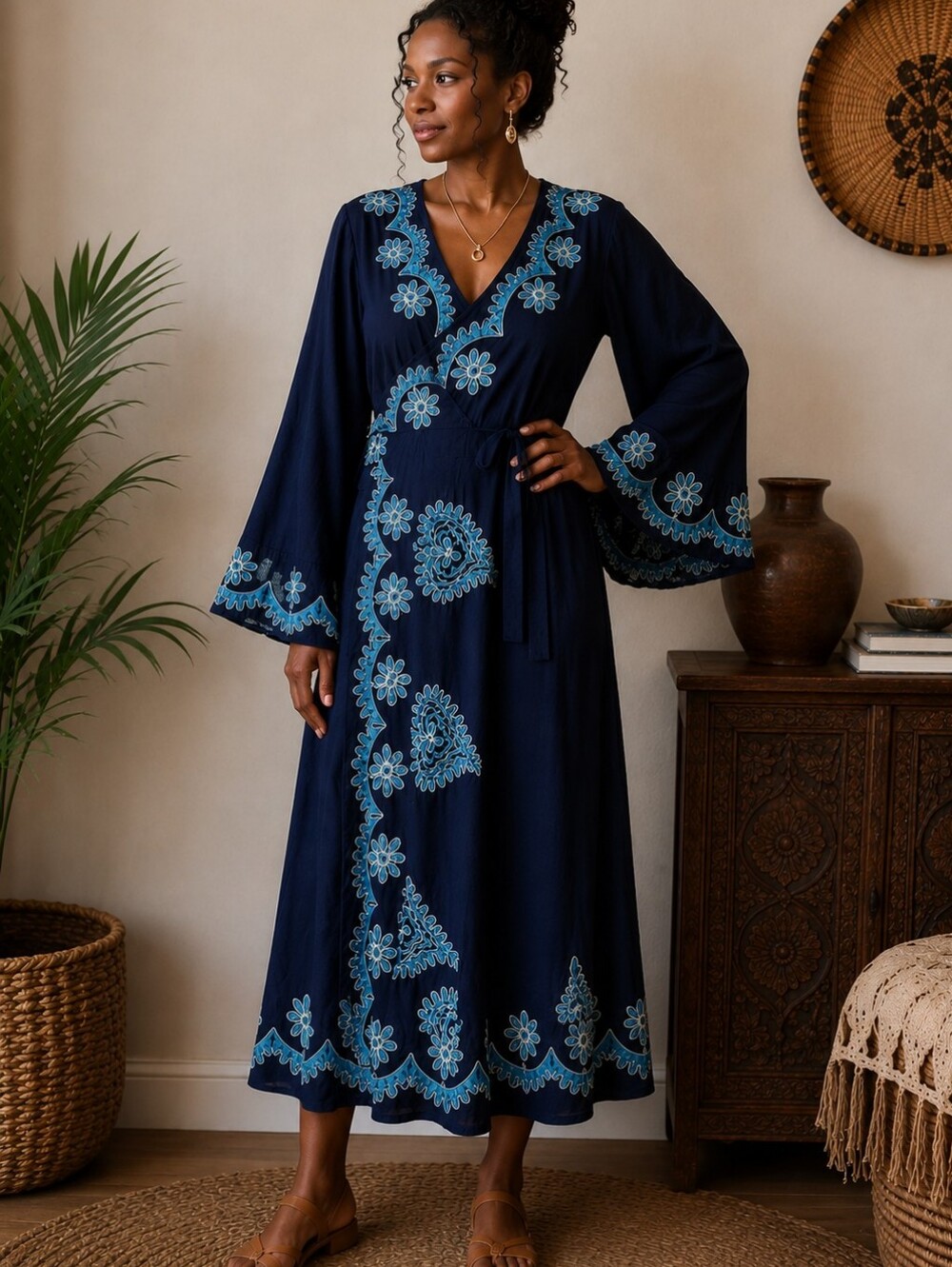 Navy Blue Embroidered Boho Wrap Maxi Dress Bell Sleeve